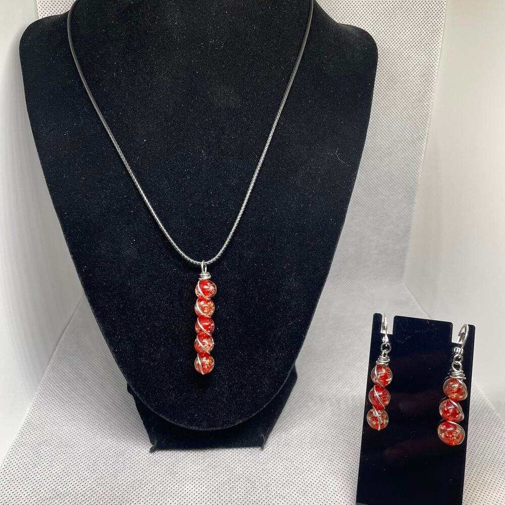 Red Firefly Beads Wrapped With Copper-core Wire Necklace & Earring Set